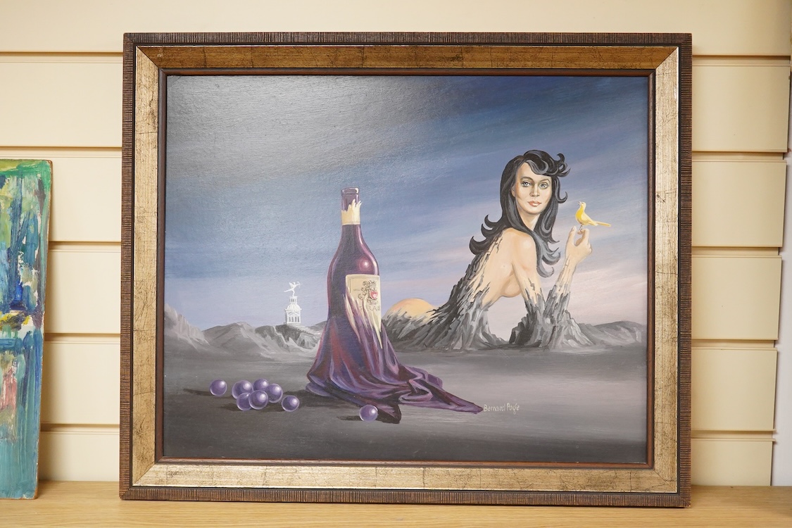 Bernard Page (1927-1988), 'Wine, Women & Song', signed, surreal oil on board, 39 x 49cm